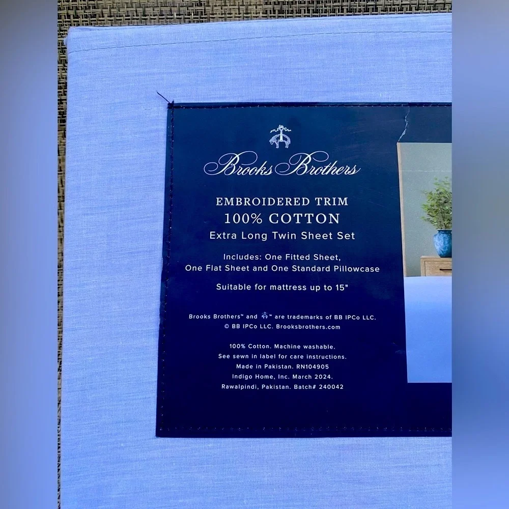 Brooks Brothers Brooks Embroidered Blue Cotton TWIN XL Sheet Set 3pc